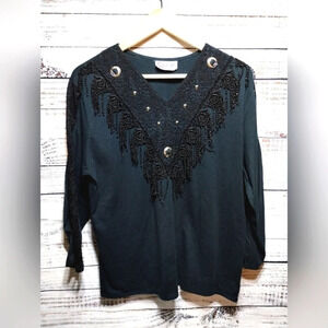 Sas'sa Western Blouse in Black with Silver‎ Hardware Fringe Embellished Festival